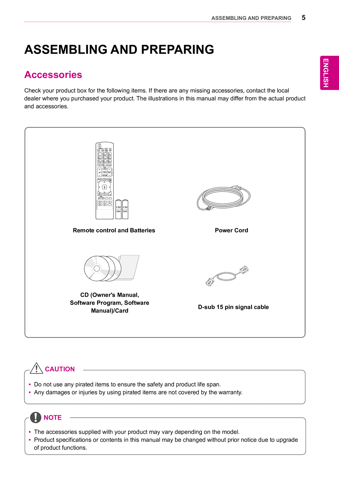 LG Electronics 47WX50MF Assembling and Preparing, Accessories, Remote control and Batteries Power Cord, Manual/Card 