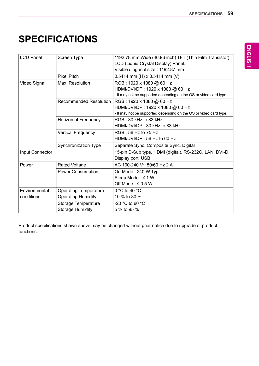 LG Electronics 47WX50MF owner manual Specifications 