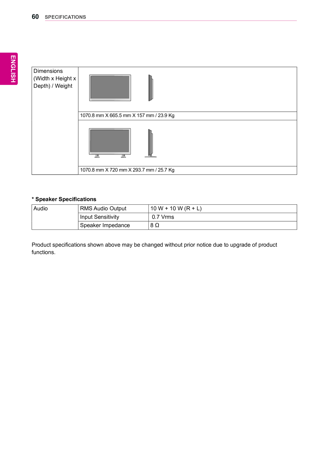 LG Electronics 47WX50MF owner manual Speaker Specifications 