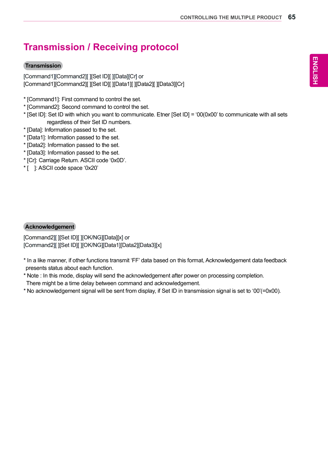 LG Electronics 47WX50MF owner manual Transmission / Receiving protocol, Acknowledgement 