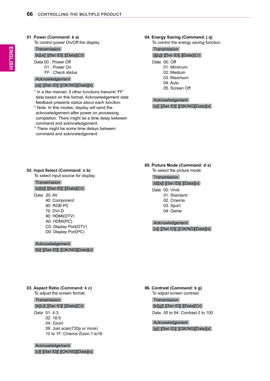 LG Electronics 47WX50MF Power Command k a, Energy Saving Command j q, Aspect Ratio Command k c To adjust the screen format 