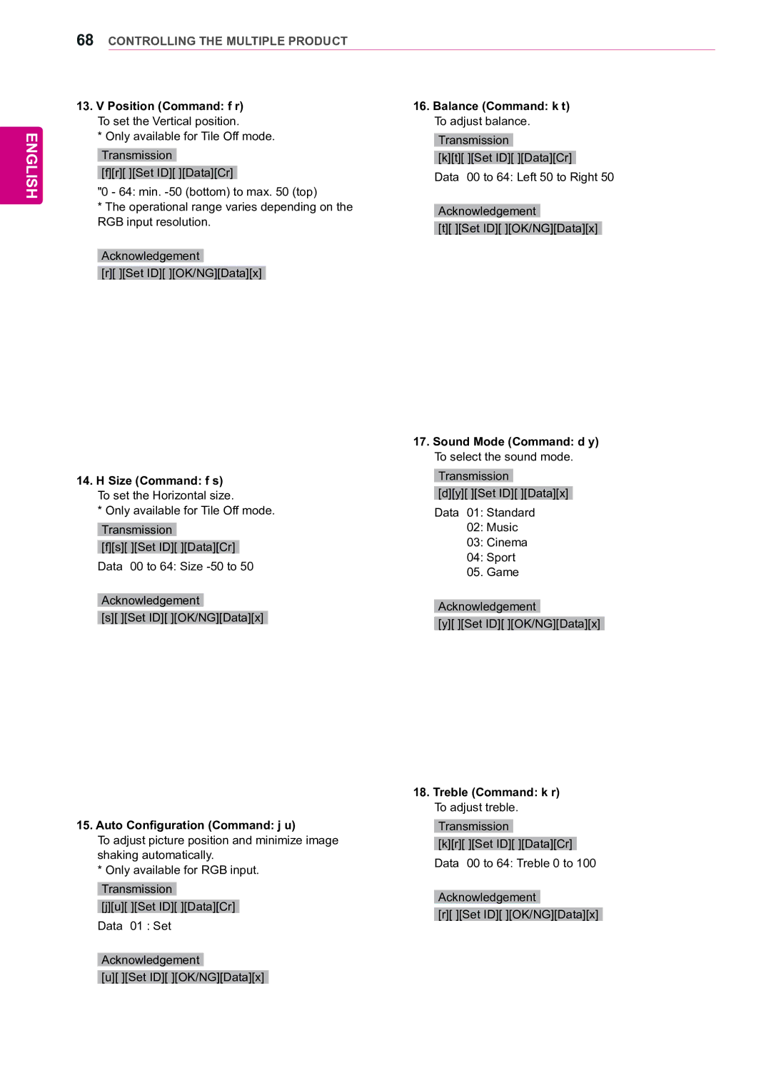 LG Electronics 47WX50MF owner manual Size Command f s To set the Horizontal size, Auto Configuration Command j u 