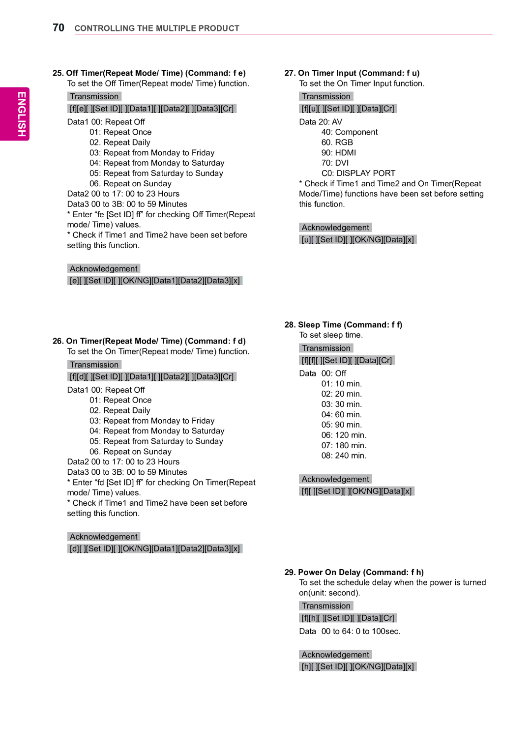 LG Electronics 47WX50MF owner manual Sleep Time Command f f To set sleep time, Power On Delay Command f h 