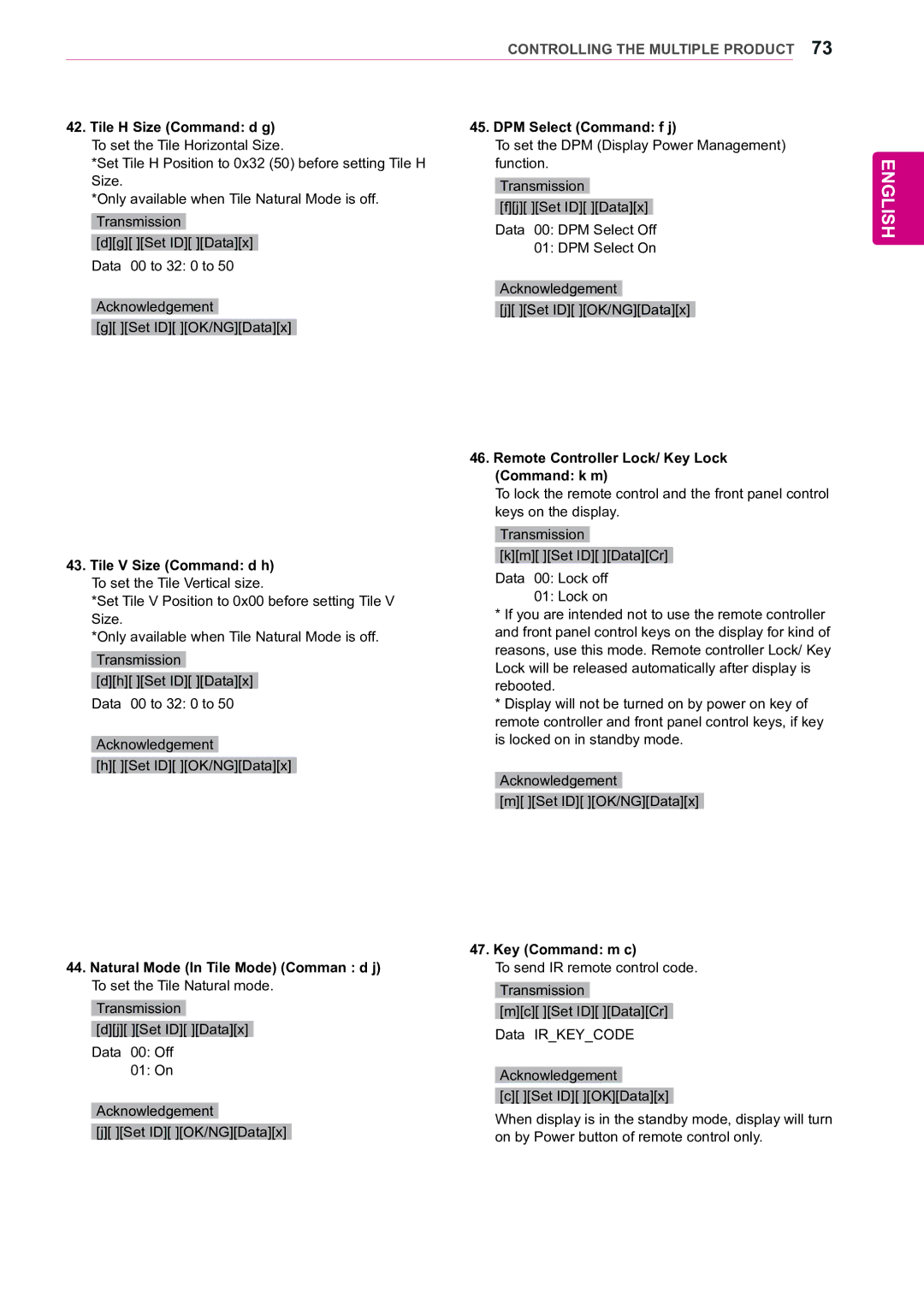 LG Electronics 47WX50MF Tile H Size Command d g DPM Select Command f j, Remote Controller Lock/ Key Lock Command k m 