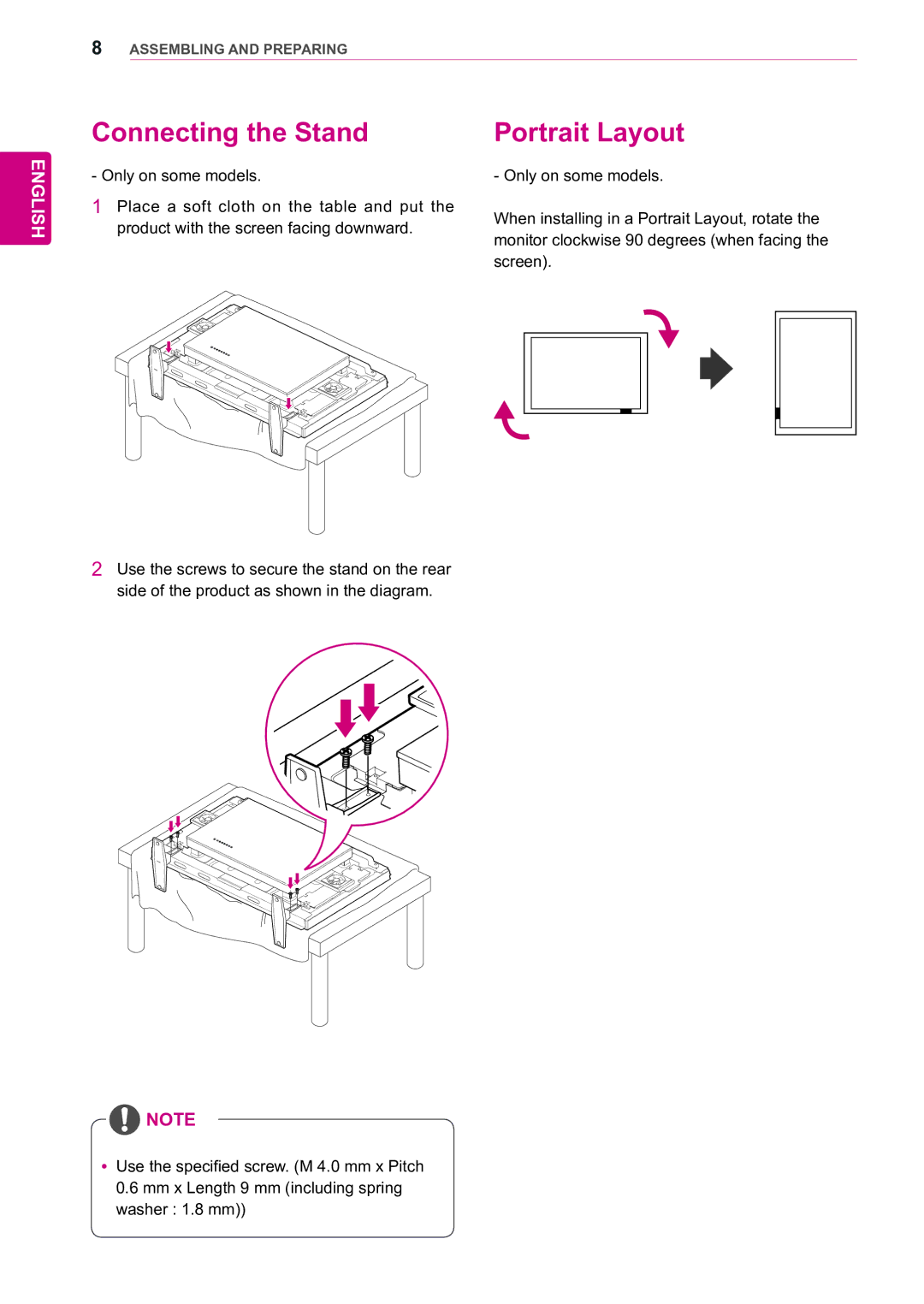 LG Electronics 47WX50MF owner manual Connecting the Stand, Portrait Layout 