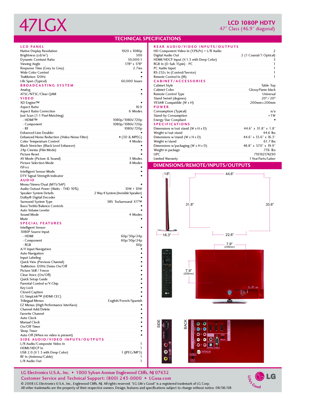 LG Electronics 47X manual D Pa N E L, OA D C a S T I N G S Y S T E M, D E O, W E R, E C I F I C At I O N S, D I O 