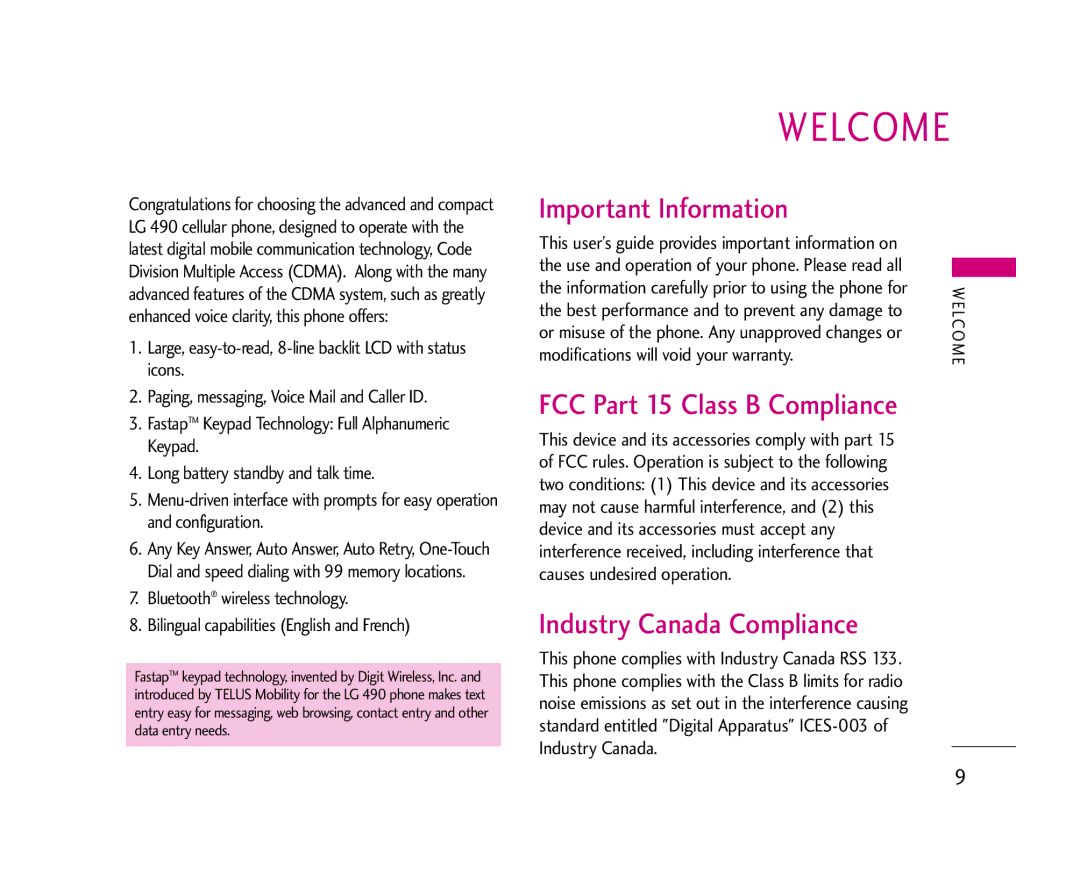 LG Electronics 490 Welcome, This user’s guide provides important information on, Modifications will void your warranty 