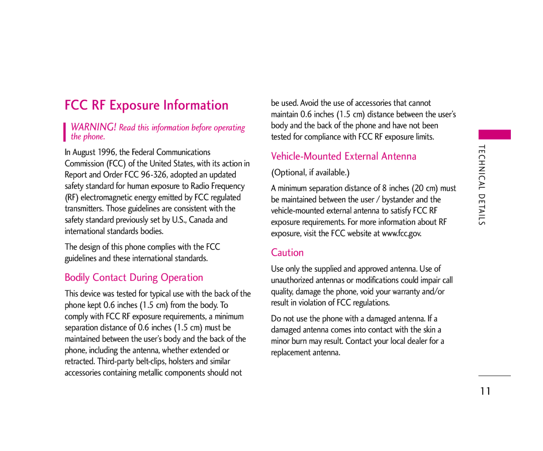 LG Electronics 490 manual Bodily Contact During Operation, Vehicle-Mounted External Antenna, Optional, if available 