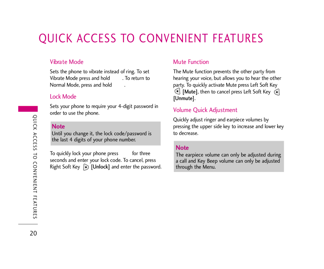 LG Electronics 490 manual Vibrate Mode, Lock Mode, Mute Function, Volume Quick Adjustment, Unmute 