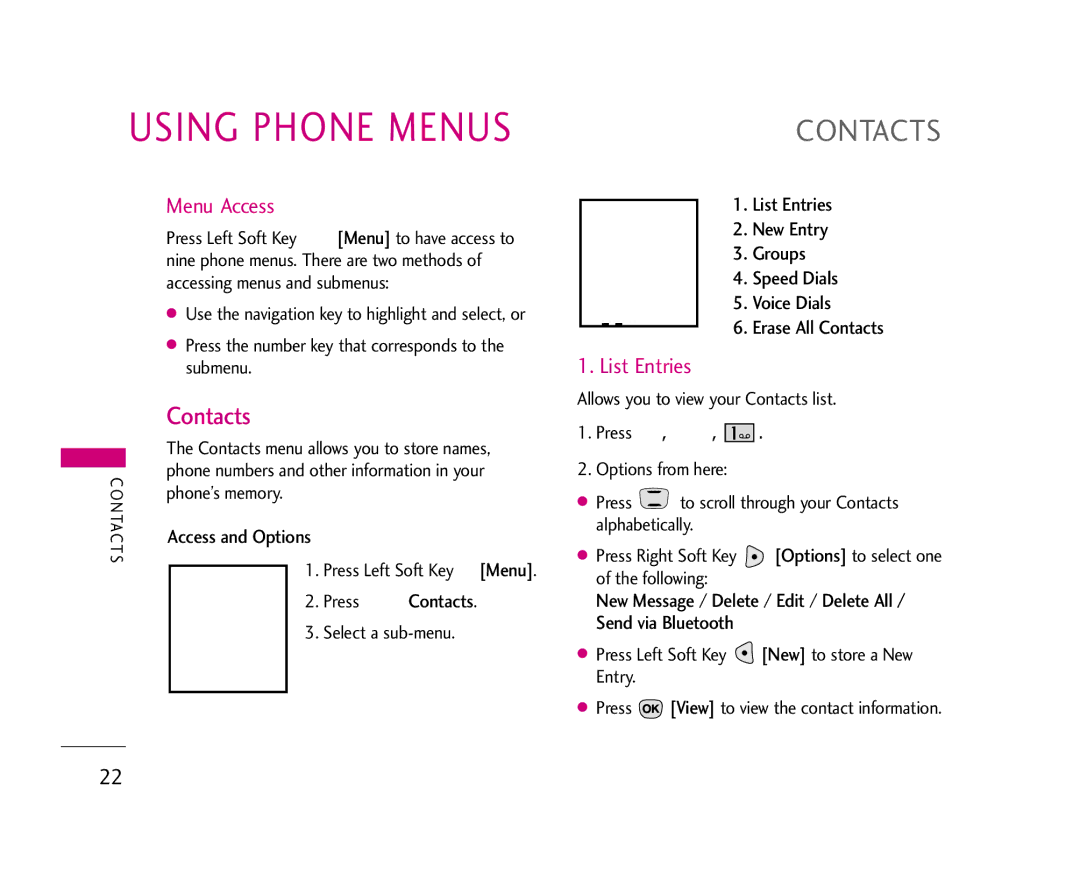 LG Electronics 490 manual Using Phone Menus, Contacts, Menu Access, List Entries 