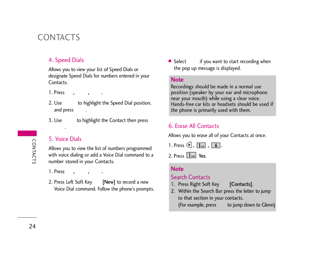 LG Electronics 490 manual Speed Dials, Erase All Contacts, Search Contacts 