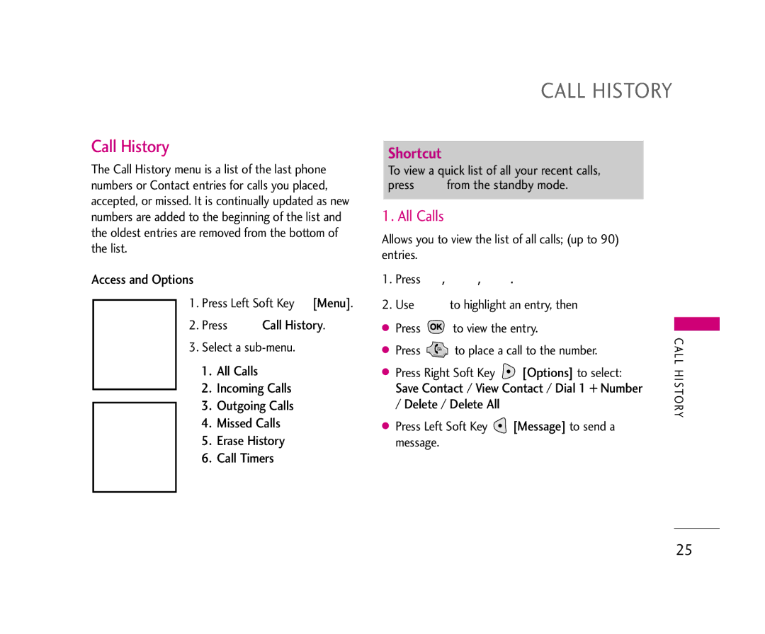 LG Electronics 490 manual Call History, All Calls 