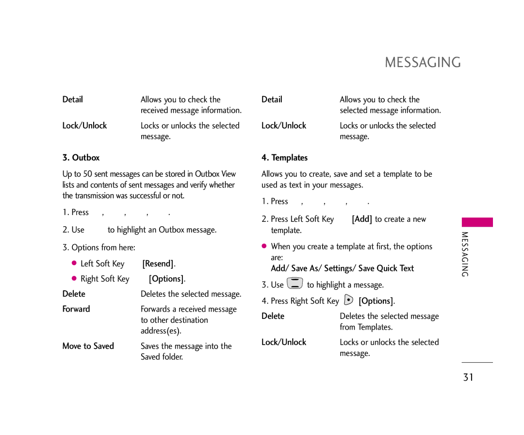 LG Electronics 490 manual Detail, Lock/Unlock, Outbox, Templates, Add/ Save As/ Settings/ Save Quick Text 