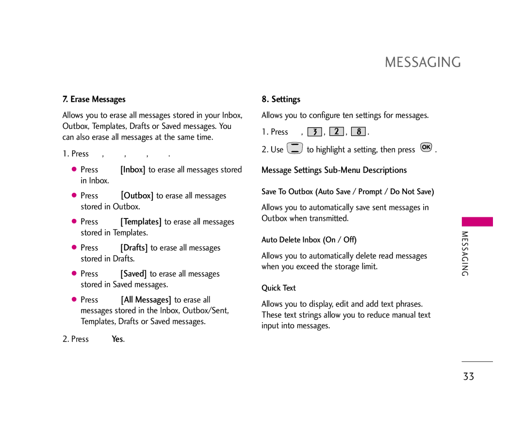 LG Electronics 490 manual Erase Messages, Message Settings Sub-Menu Descriptions 