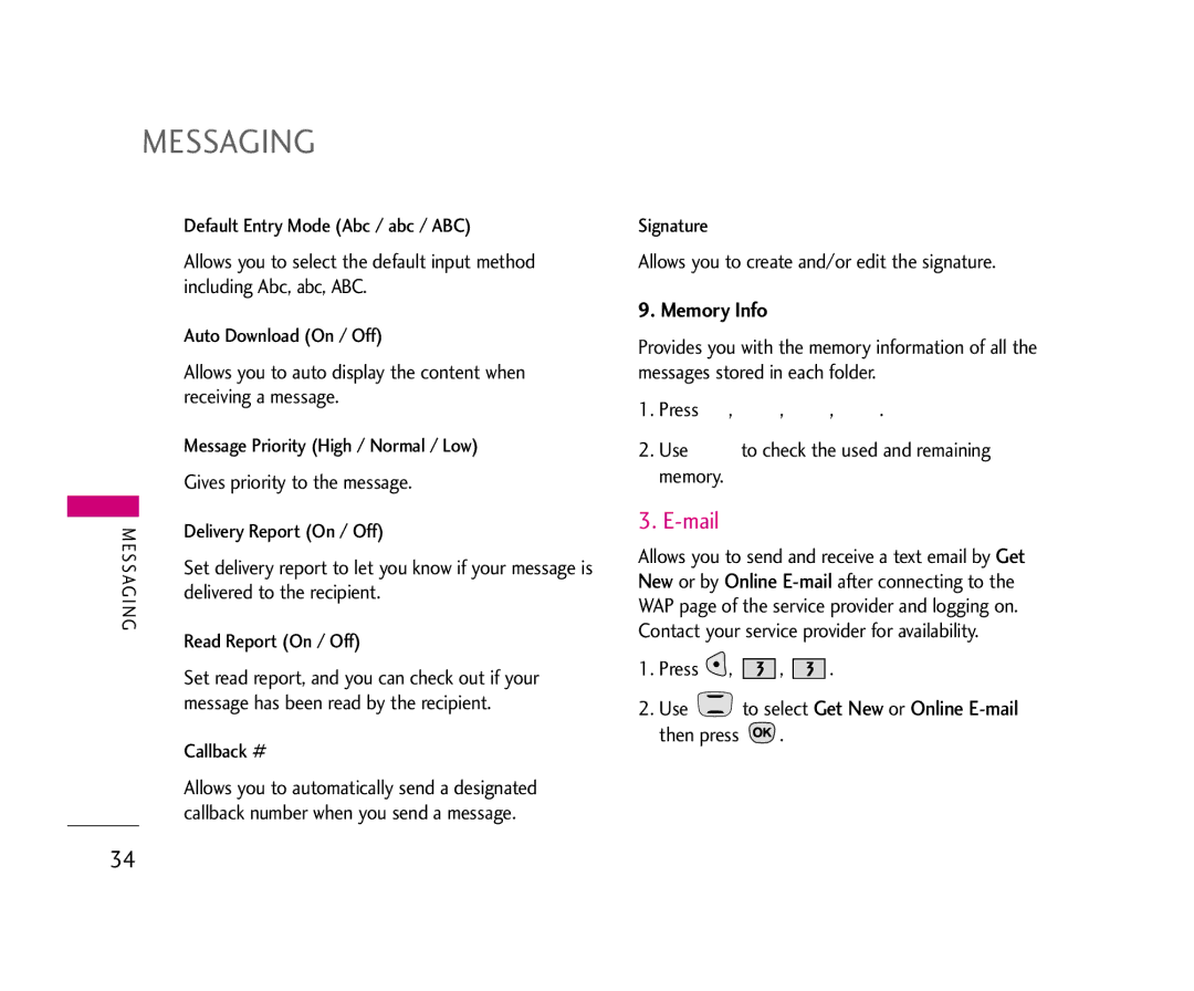 LG Electronics 490 manual Mail, Memory Info 