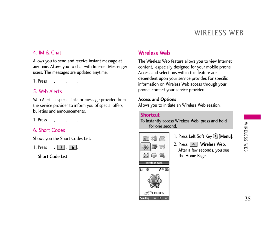 LG Electronics 490 manual Wireless WEB, Wireless Web, IM & Chat, Web Alerts, Short Codes 