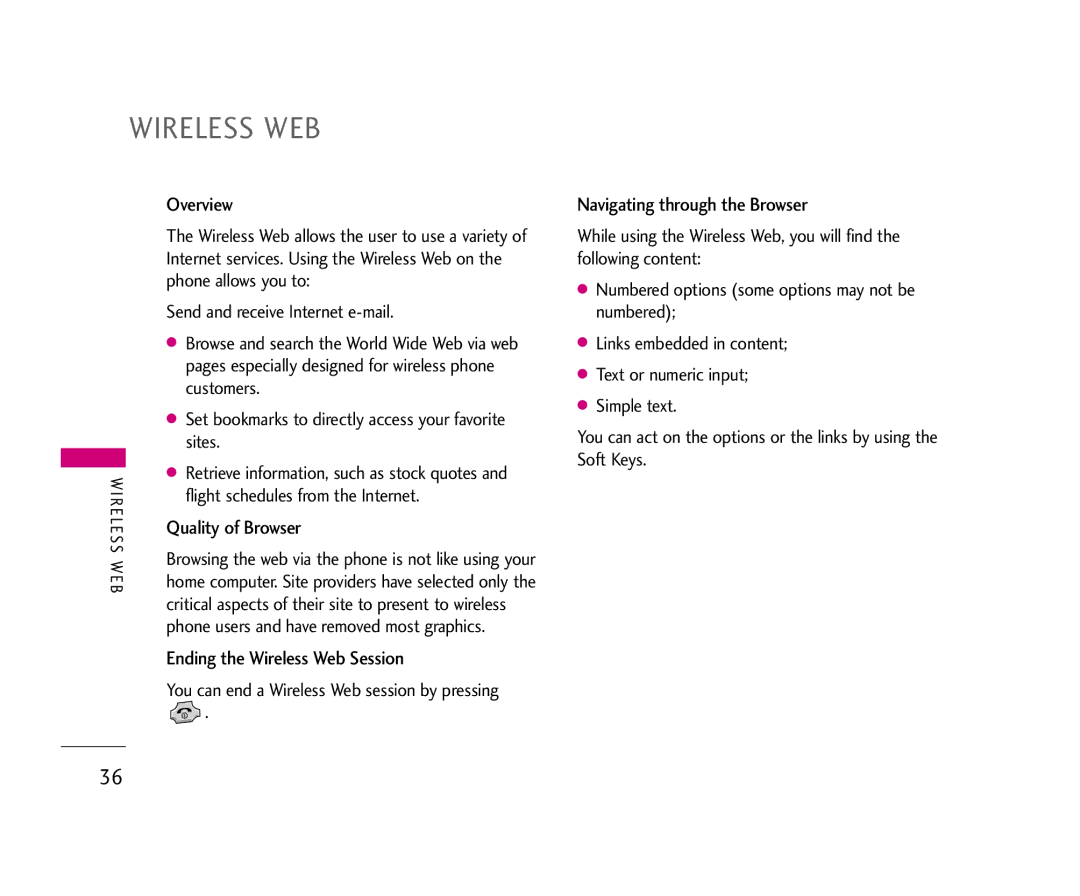 LG Electronics 490 manual Overview, Quality of Browser, Ending the Wireless Web Session, Navigating through the Browser 