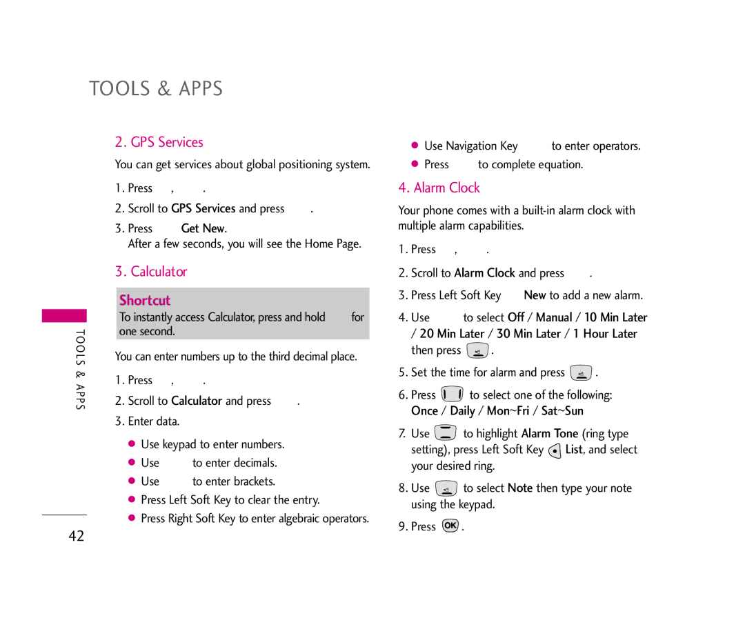 LG Electronics 490 manual Tools & Apps, GPS Services, Calculator, Alarm Clock 