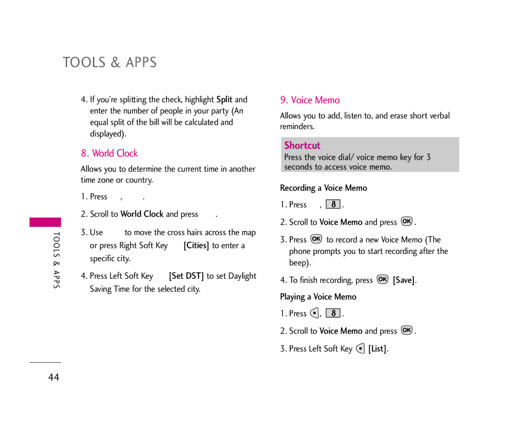 LG Electronics 490 manual World Clock, Recording a Voice Memo, Playing a Voice Memo 