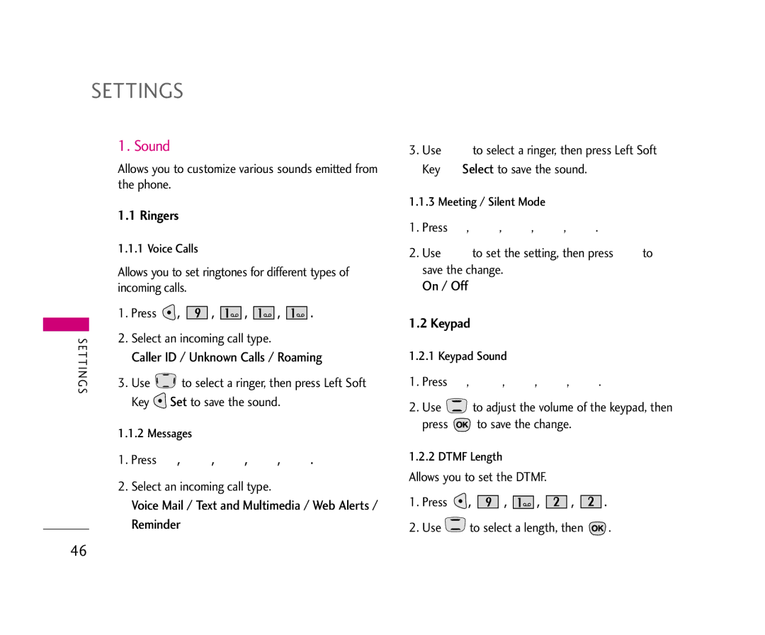 LG Electronics 490 manual Settings, Sound, Ringers, Keypad 