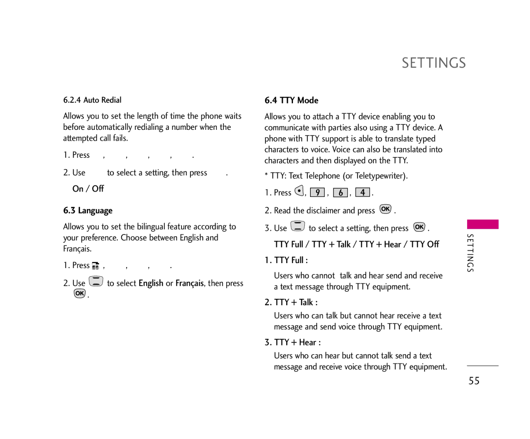 LG Electronics 490 manual Language, TTY Mode, TTY Full / TTY + Talk / TTY + Hear / TTY Off 