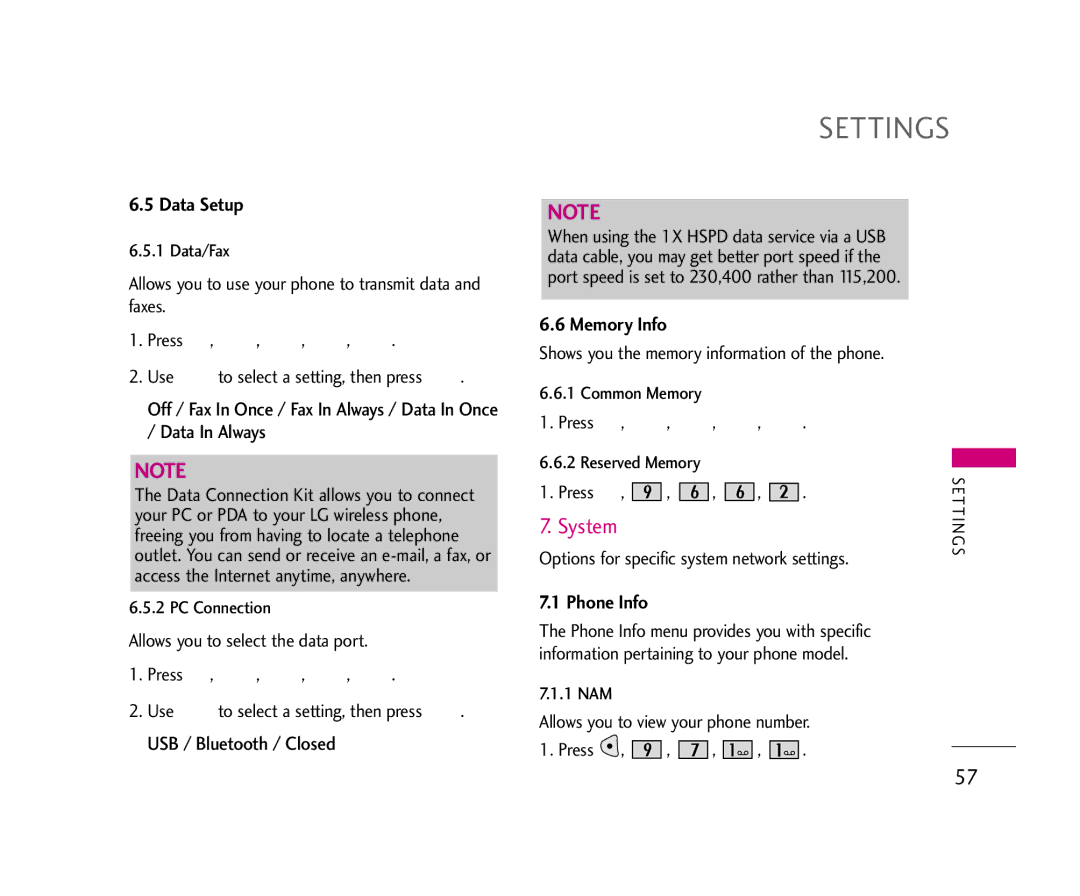 LG Electronics 490 manual System, Data Setup, Phone Info, Options for specific system network settings 