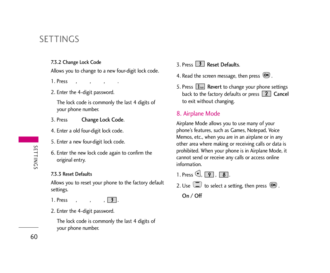 LG Electronics 490 manual Airplane Mode, Press Change Lock Code, Press Reset Defaults 