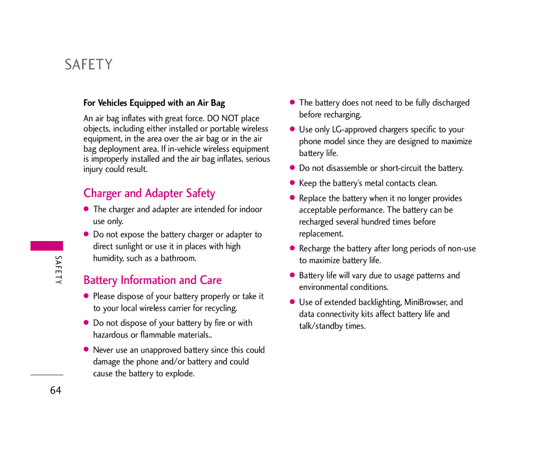 LG Electronics 490 manual Charger and Adapter Safety, Battery Information and Care, For Vehicles Equipped with an Air Bag 