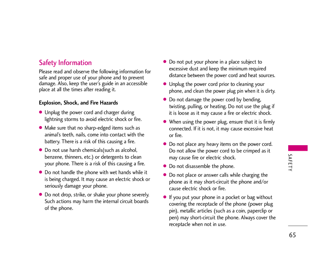 LG Electronics 490 manual Safety Information, Explosion, Shock, and Fire Hazards 