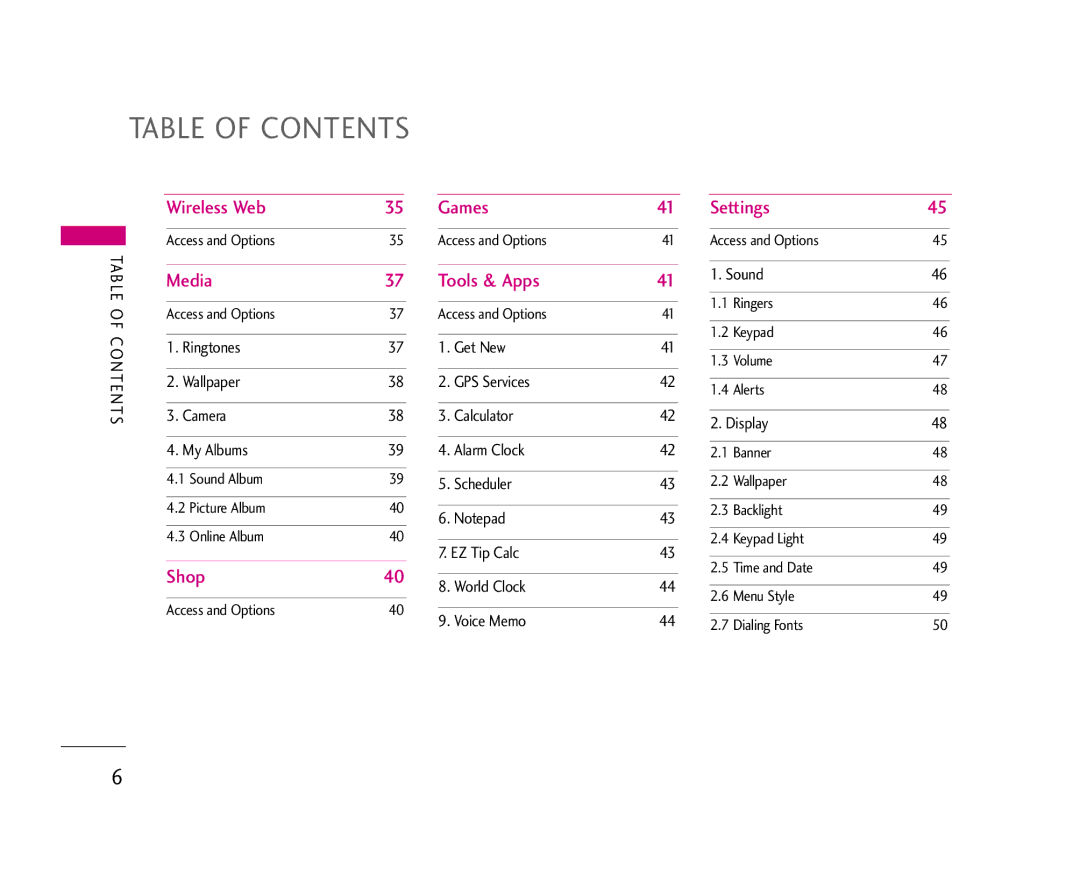 LG Electronics 490 manual Table of Contents 