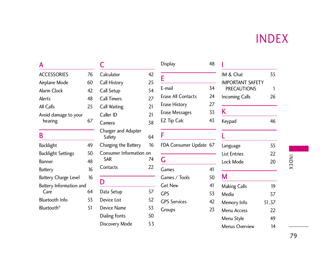 LG Electronics 490 manual Index 