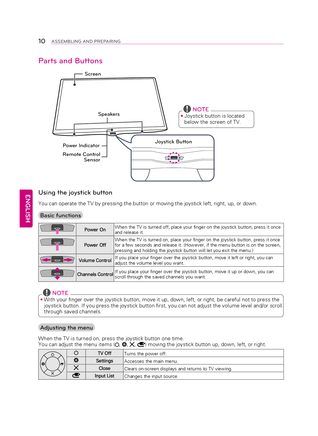 LG Electronics 49LB5550 owner manual Parts and Buttons, Using the joystick button, Basic functions, Adjusting the menu 