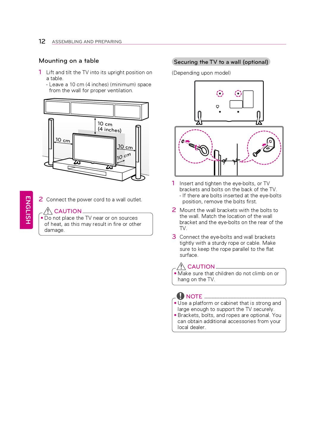 LG Electronics 49LB5550 owner manual Mounting on a table, Securing the TV to a wall optional 