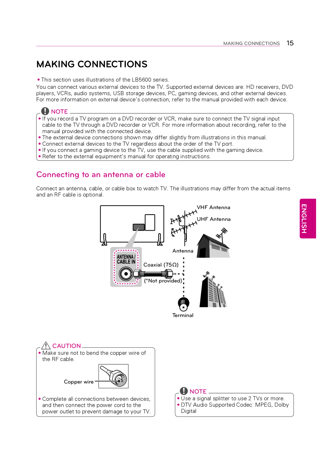 LG Electronics 49LB5550 owner manual Making Connections, Connecting to an antenna or cable 