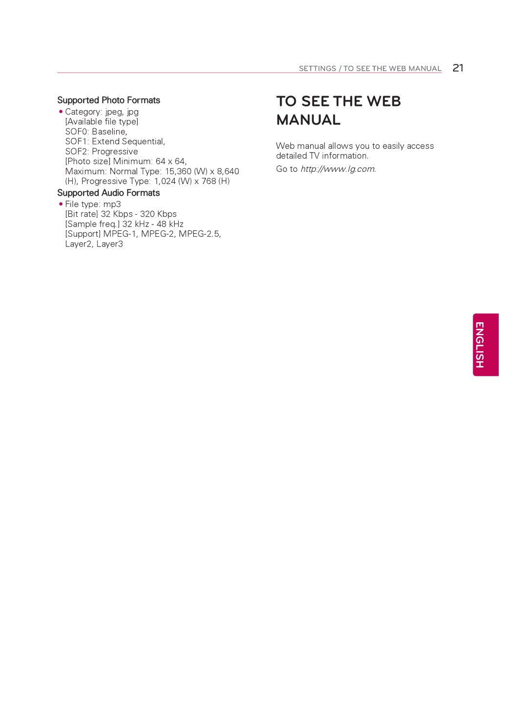 LG Electronics 49LB5550 owner manual To see the WEB Manual, Supported Photo Formats, Supported Audio Formats 