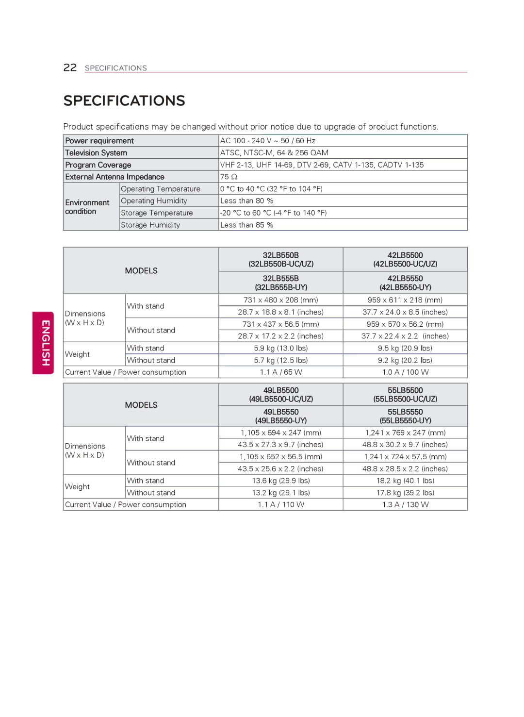 LG Electronics 49LB5550 owner manual Specifications, Models 