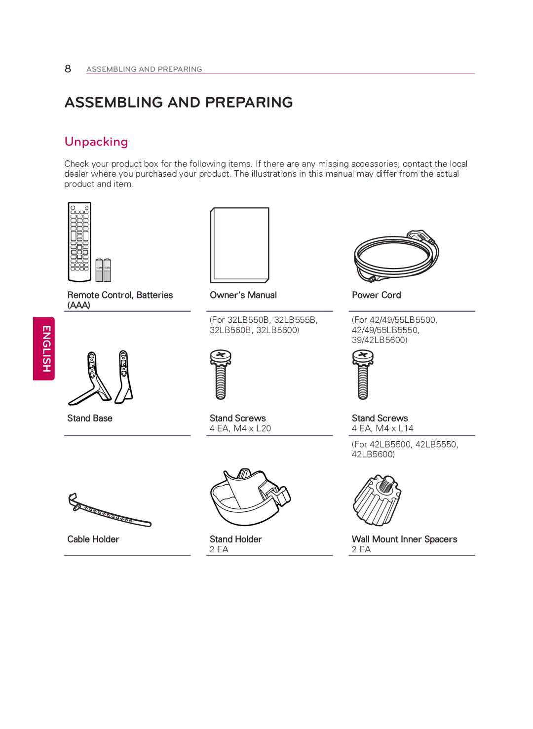 LG Electronics 49LB5550 Assembling and Preparing, Unpacking, Remote Control, Batteries Power Cord, Stand Base Stand Screws 