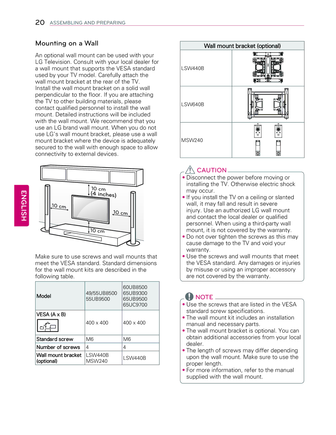 LG Electronics 49UB8500 owner manual Mounting on a Wall, Inches 