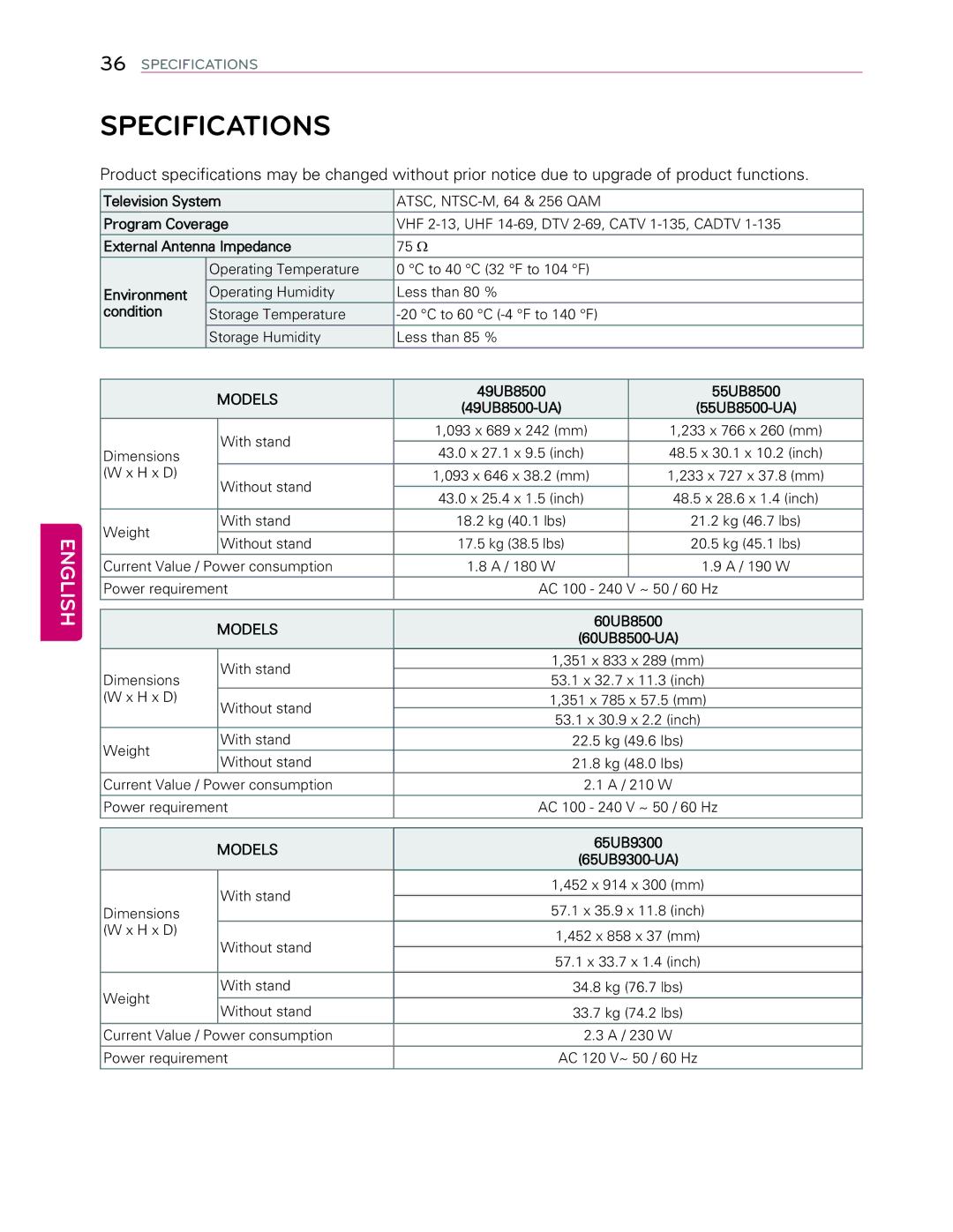 LG Electronics 49UB8500 owner manual Specifications, Models 