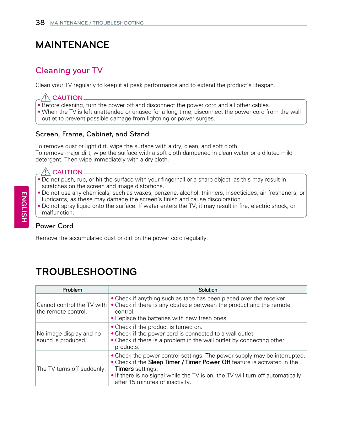 LG Electronics 49UB8500 Maintenance, Troubleshooting, Cleaning your TV, Screen, Frame, Cabinet, and Stand, Power Cord 