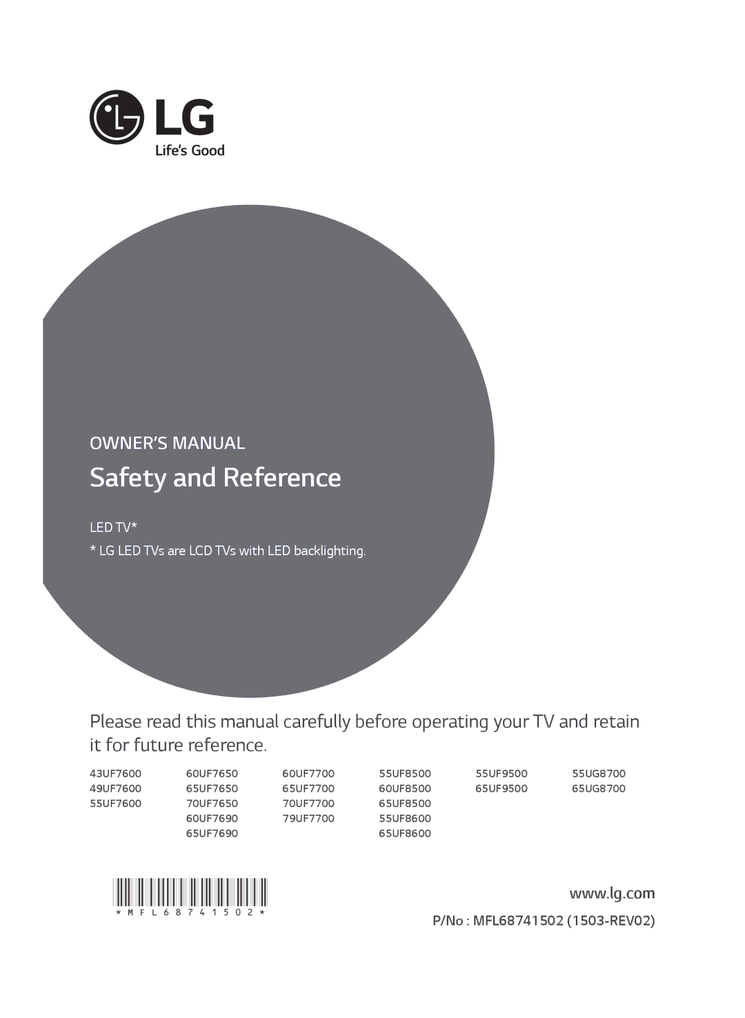 LG Electronics 55UF7600, 49UF7600, 60UF7700 owner manual MFL68741502 