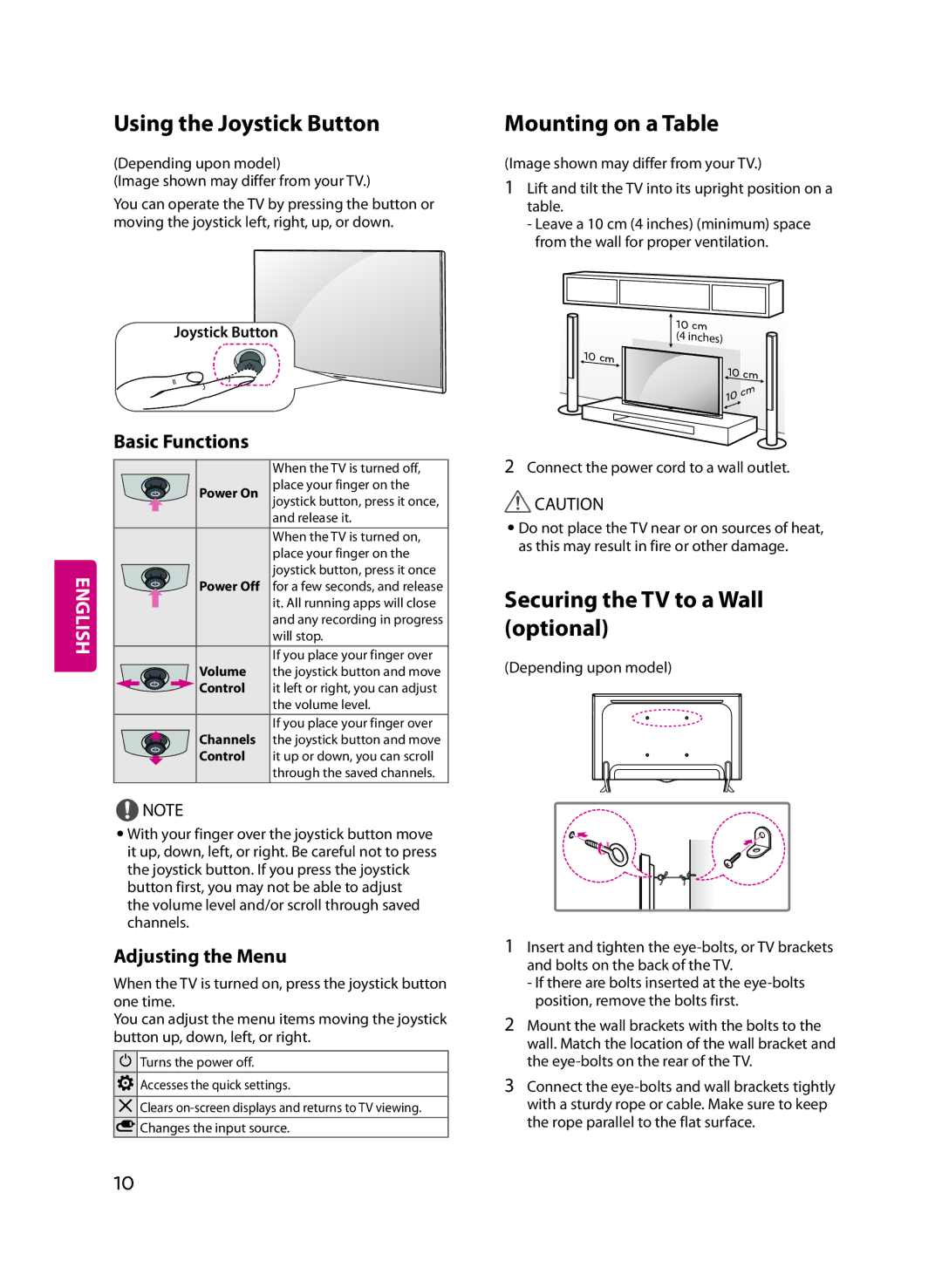 LG Electronics 55UF7600, 49UF7600 Using the Joystick Button, Mounting on a Table, Securing the TV to a Wall optional 