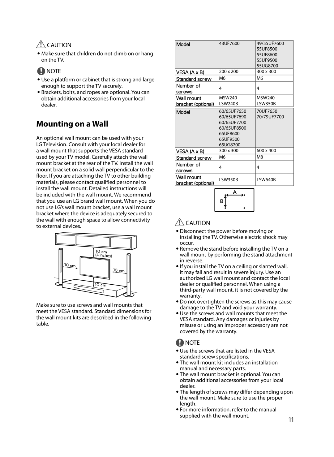 LG Electronics 60UF7700, 49UF7600, 55UF7600 owner manual Mounting on a Wall 