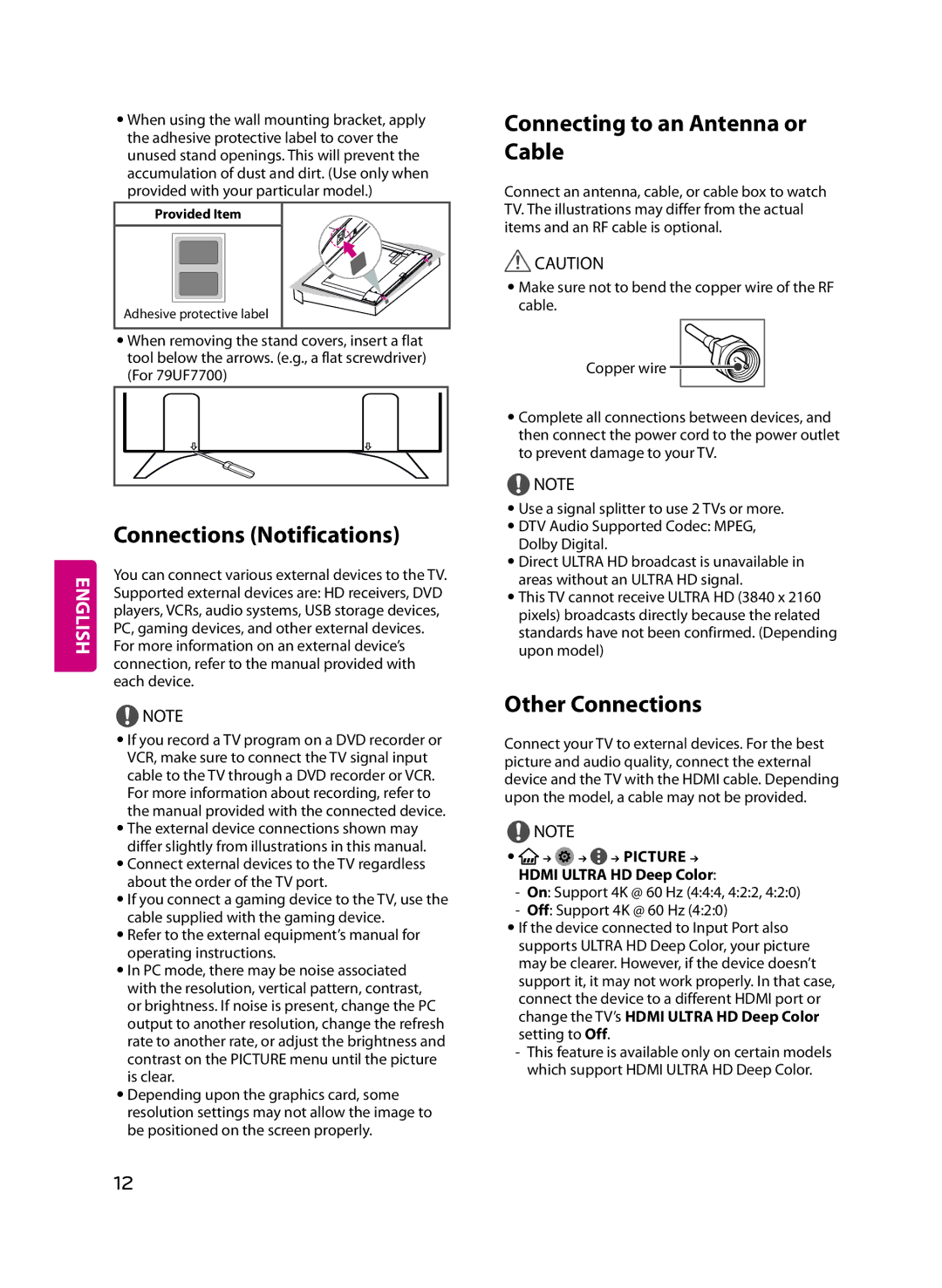 LG Electronics 49UF7600, 55UF7600, 60UF7700 Connections Notifications, Connecting to an Antenna or Cable, Other Connections 