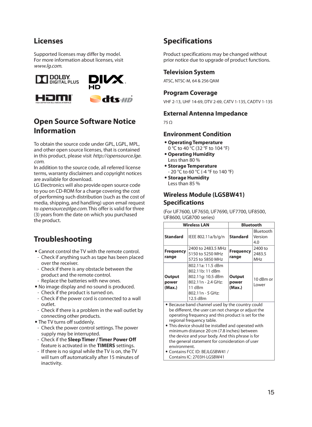 LG Electronics 49UF7600, 55UF7600 Licenses Open Source Software Notice Information, Troubleshooting, Specifications 