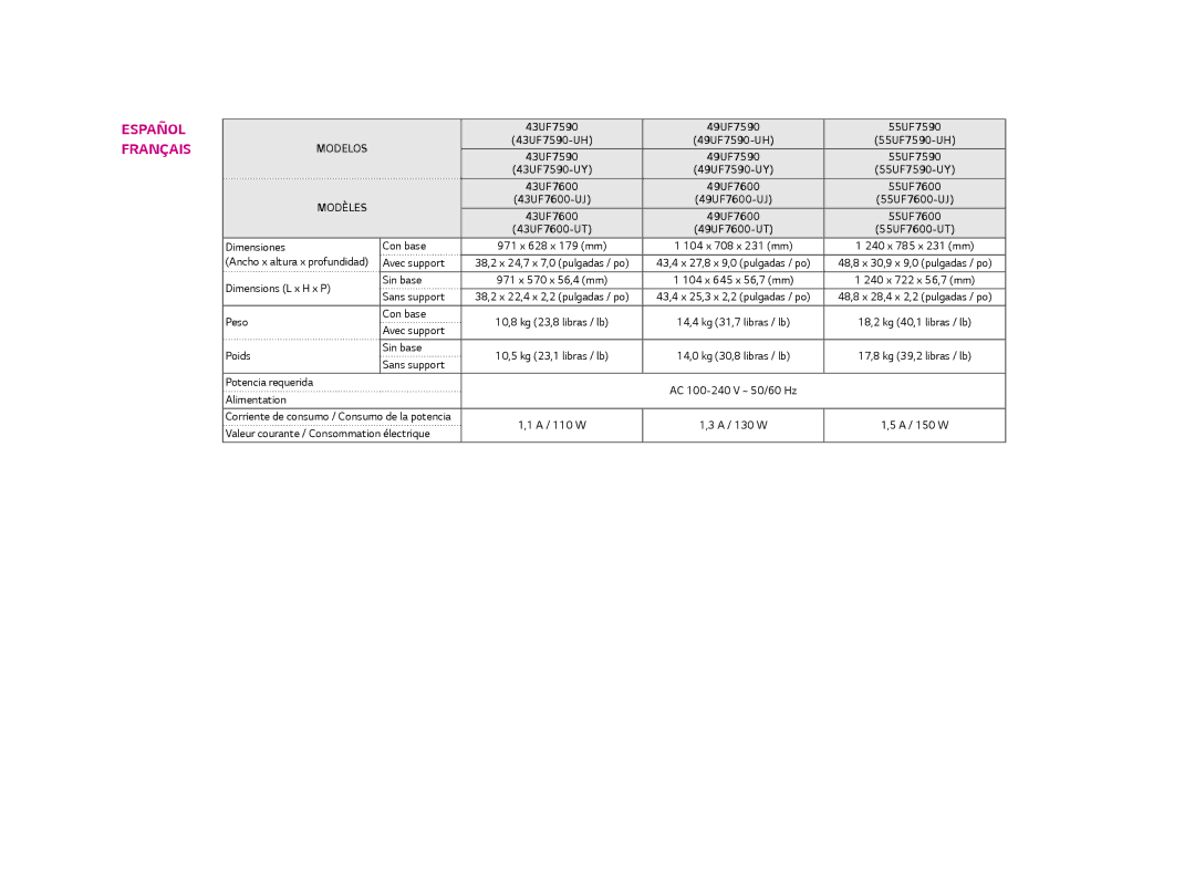 LG Electronics 49UF7600, 55UF7600, 60UF7700 owner manual Español Français 