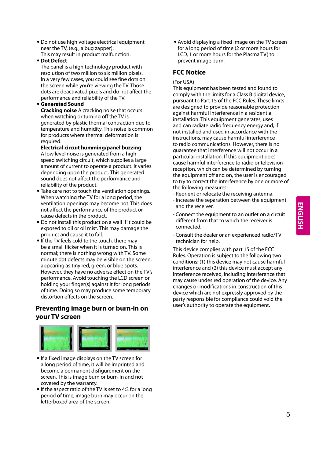 LG Electronics 60UF7700, 49UF7600, 55UF7600 Preventing image burn or burn-in on your TV screen, FCC Notice, For USA 