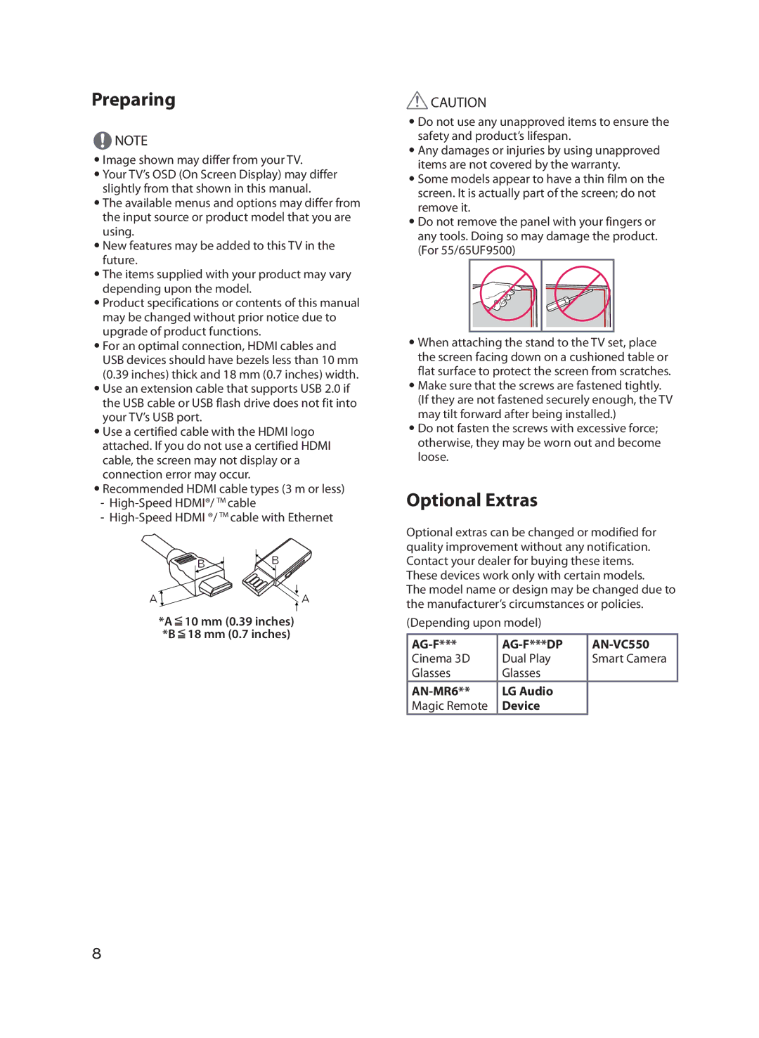 LG Electronics 60UF7700, 49UF7600, 55UF7600 owner manual Preparing, Optional Extras 