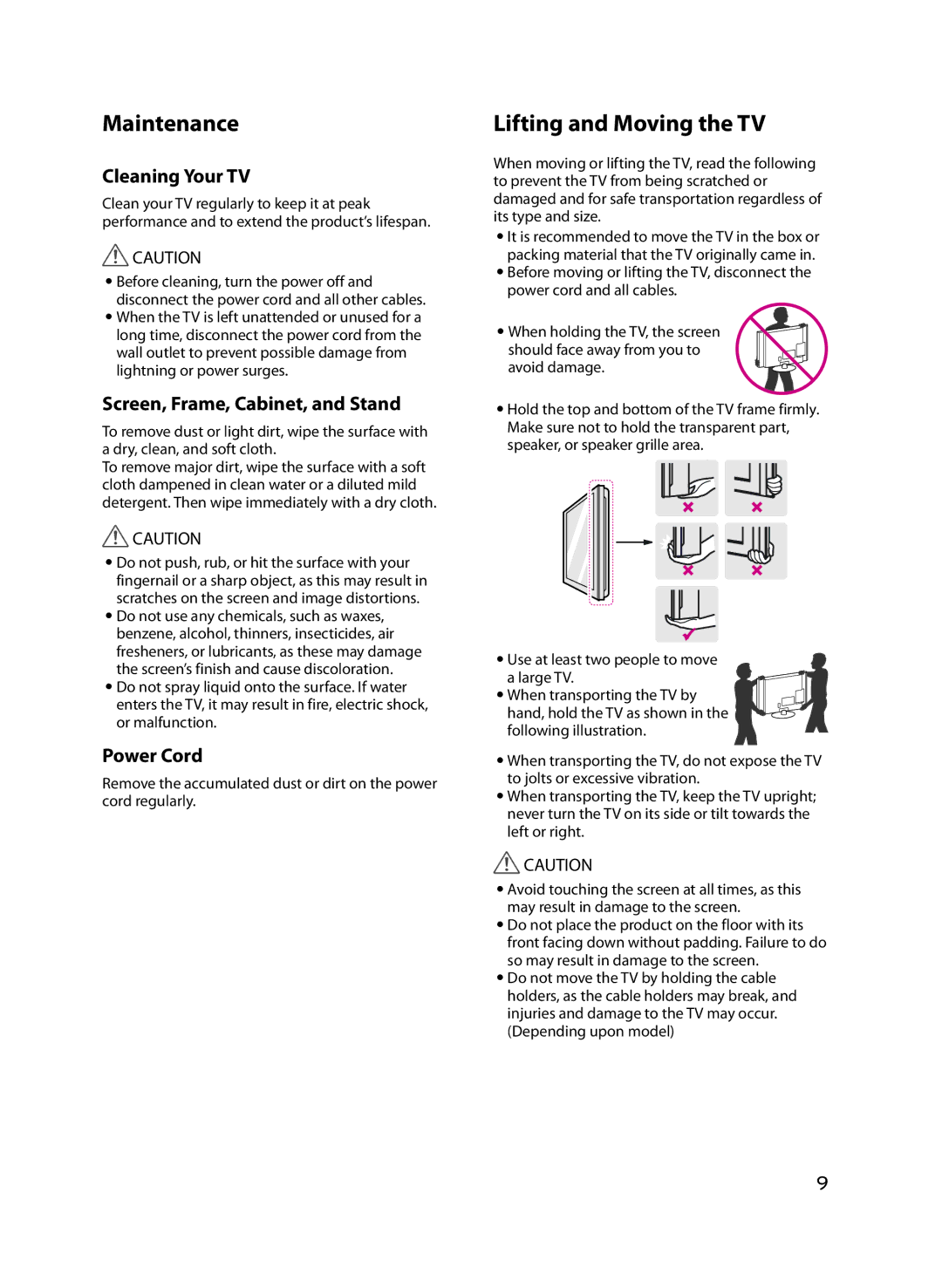 LG Electronics 49UF7600 Maintenance, Lifting and Moving the TV, Cleaning Your TV, Screen, Frame, Cabinet, and Stand 