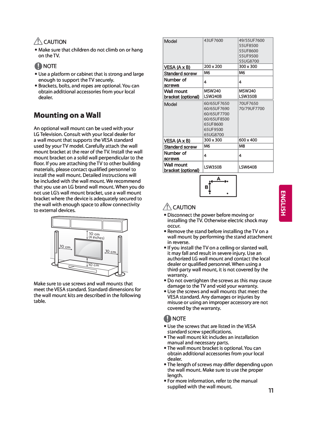 LG Electronics 60UF7700, 49UF7600, 55UF7600 owner manual Mounting on a Wall, English 